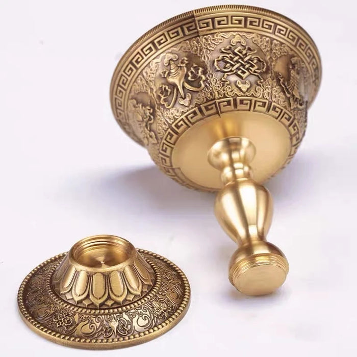 Copper Buddhist Candlestick with Bronze Finish — Dragon & Phoenix Inlay