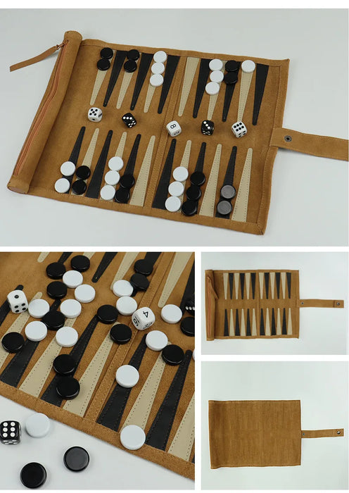 Portable Roll-Up Chess & Backgammon Set with Suede Case and Black & White Pieces