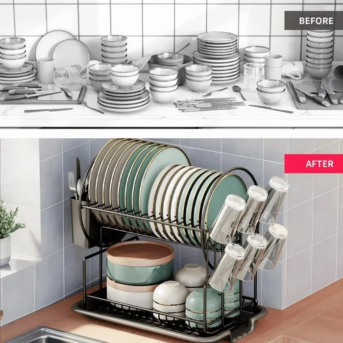 2-Tier Dish Drying Rack with Drip Tray, Cup & Utensil Holders