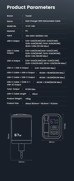 67W GaN Fast Charger with Retractable USB‑C Cable, PD3.0 & PPS, Digital Display (EU Plug) — for iPhone 17/16 & Samsung S25/S24