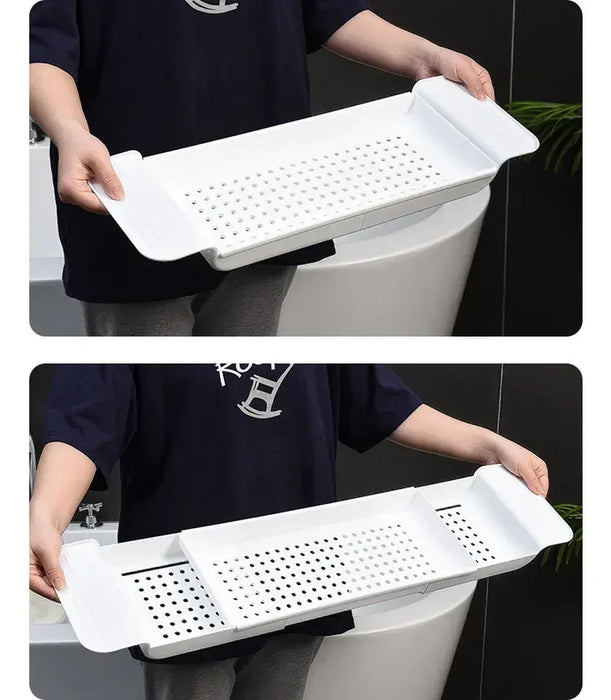 Extendable Bathtub Shelf Tray – Plastic Bath Rack for Towels & Books (White/Black)