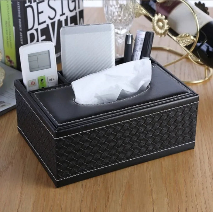Faux Leather Tissue Box Cover with Remote Holder — Living Room & Desktop Organiser