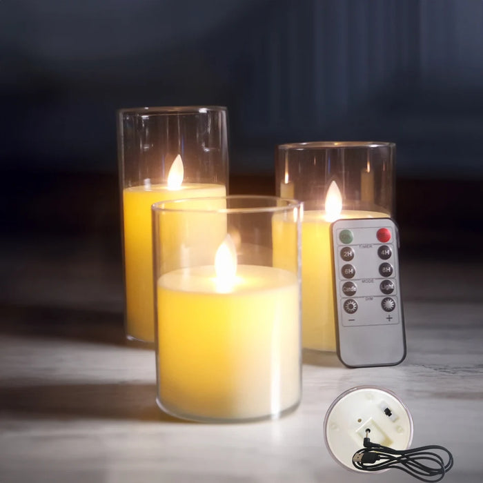 3-piece USB Rechargeable LED Pillar Candles with Remote & Timer