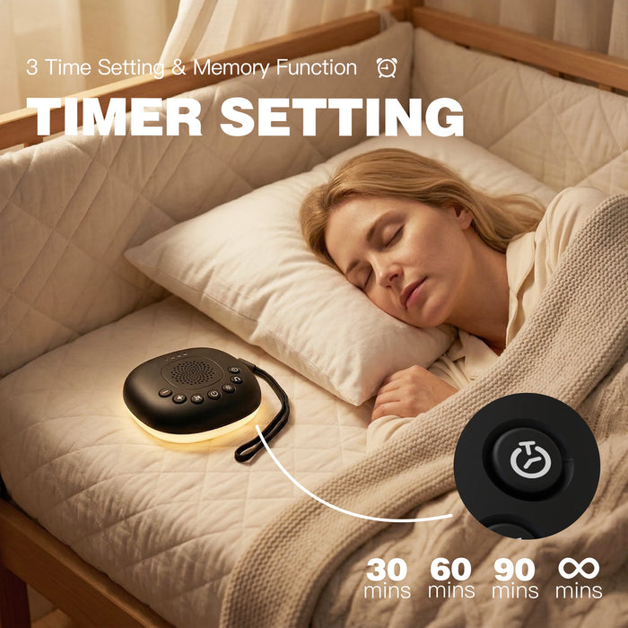 White Noise Machine — 20 Soothing Sounds, Night Light Timer, USB-C Rechargeable, Portable with Lanyard