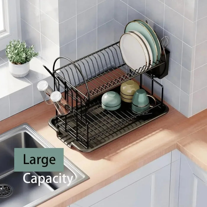 2-Tier Dish Drainer with Drain Board, Cup & Utensil Holders