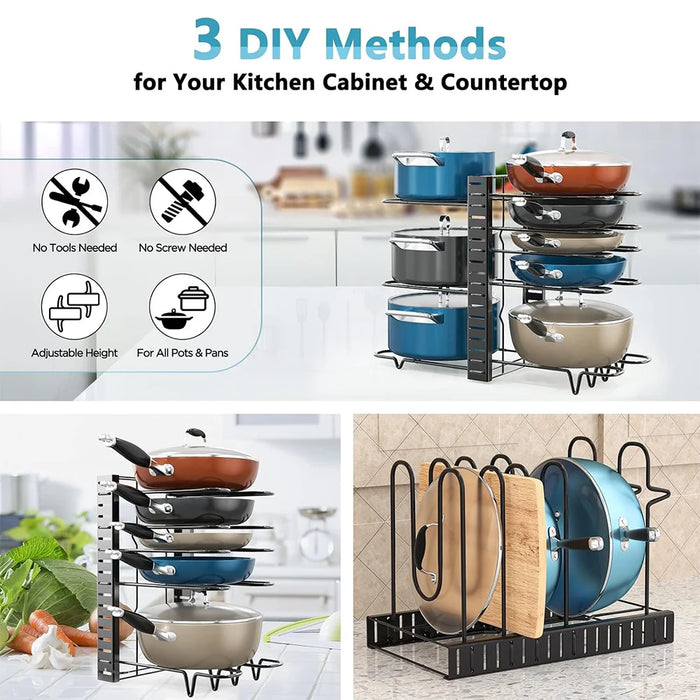 8-Tier Adjustable Pan & Pot Organiser Rack — 3 Assembly Options