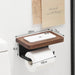 Wooden Toilet Roll Holder with Shelf — Wall-mounted, Rustproof Matt Black