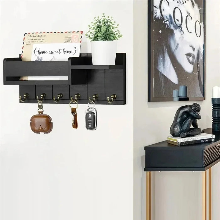 Rustic Wooden Wall Key Holder with Shelf — 6 Hooks & Mail Organiser