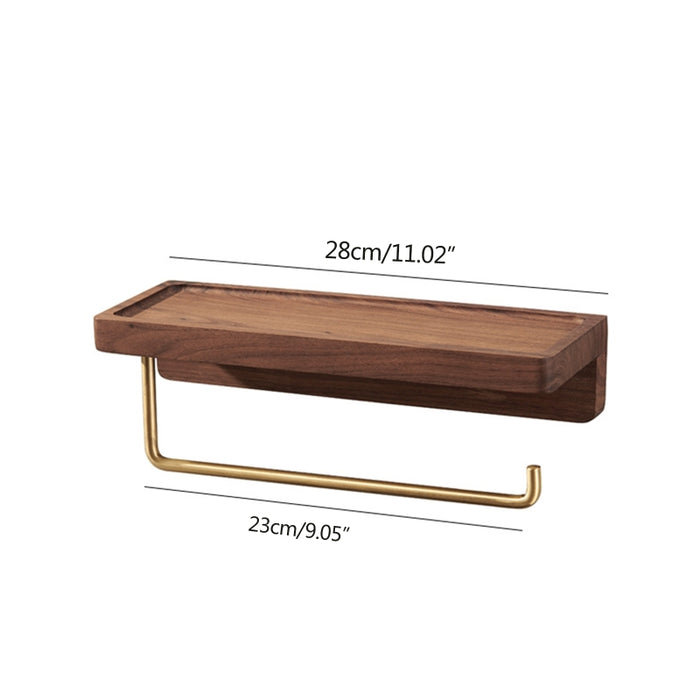 Wall-Mounted Toilet Roll Holder with Wood Shelf and Brass Fittings – Single Roll