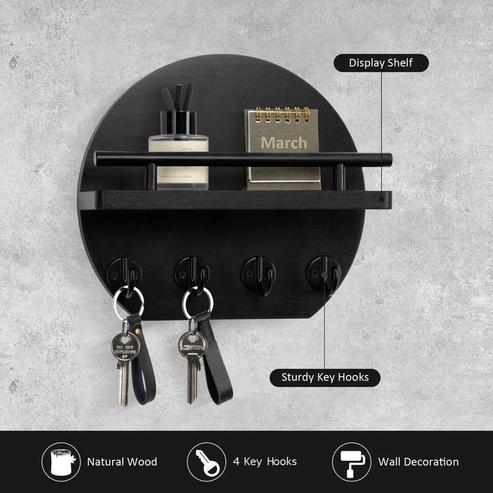 Wall-mounted round wooden key rack with shelf and 8 hooks — apartment wall décor