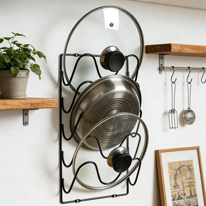 5-Tier Wall-Mounted Pot Lid Rack — Stainless Steel, Foldable, Space-Saving
