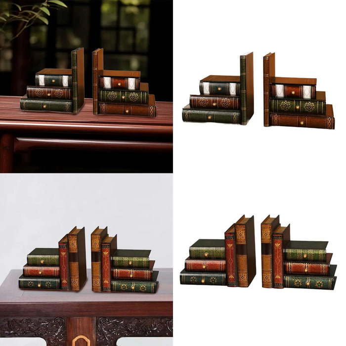 European-Style Faux Book Bookends with Drawers — Wooden Pair