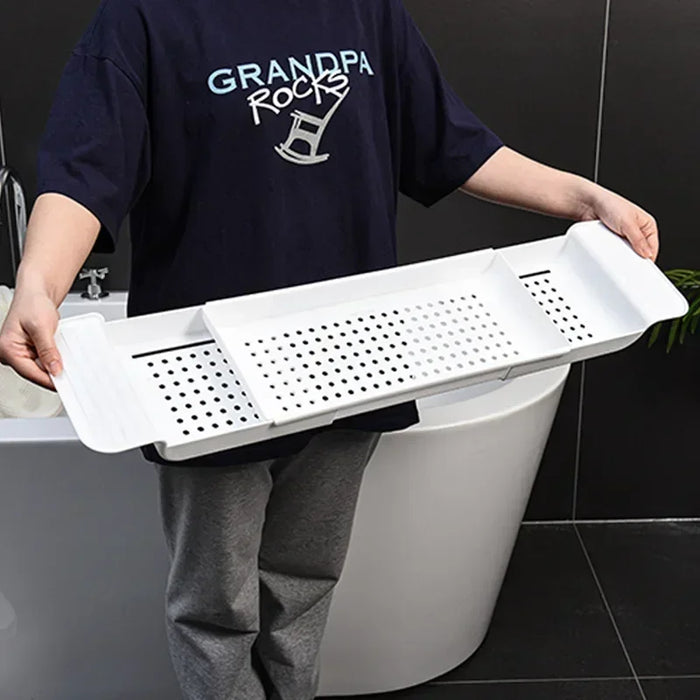 Extendable Bathtub Shelf Tray – Plastic Bath Rack for Towels & Books (White/Black)