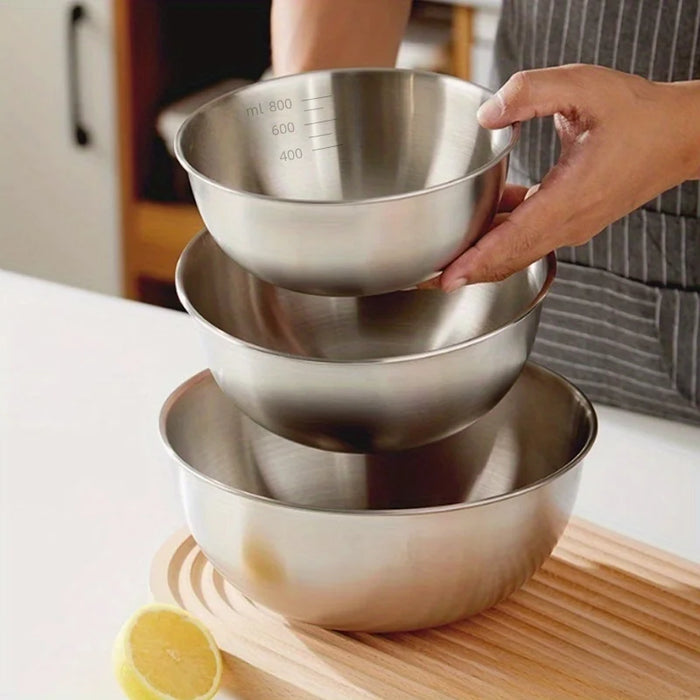 Set of 3 Stainless Steel Mixing Bowls with Measurement Marks — Thickened for Mixing & Kneading