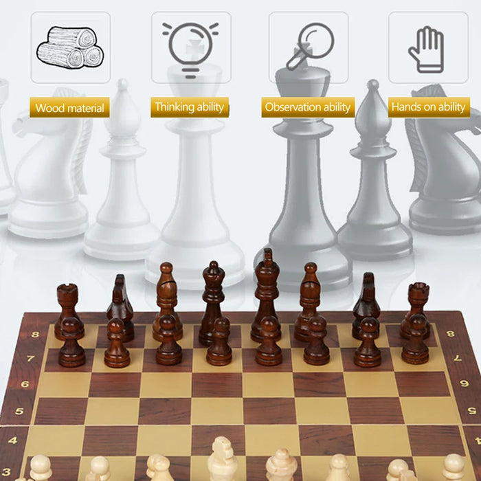 3-in-1 Wooden Chess, Checkers & Backgammon Set — Foldable 29 x 29cm Board
