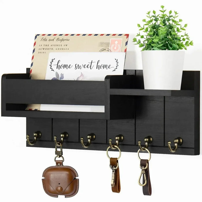 Rustic Wooden Wall Key Holder with Shelf — 6 Hooks & Mail Organiser