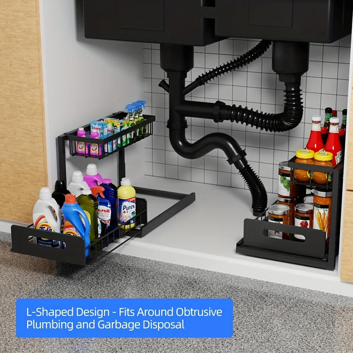 Under-sink Pull-out Metal Organiser — Sliding Storage Shelf for Kitchen (Black/White)