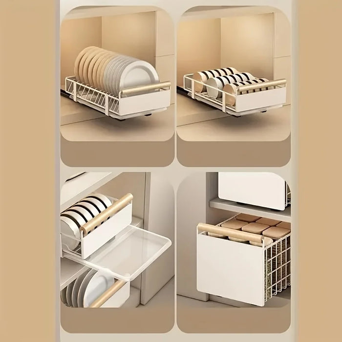Space-Saving Pull-Out Kitchen Organiser — Plate, Bowl & Spice Rack