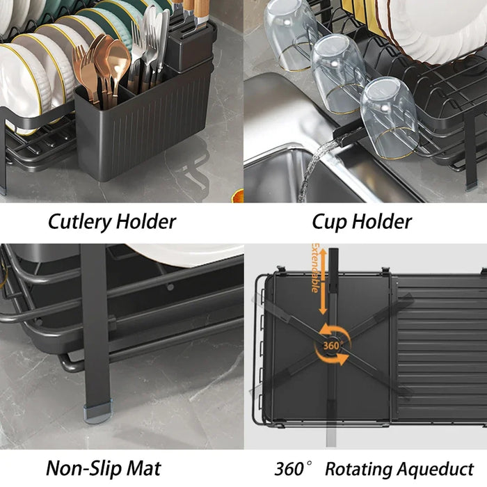 Expandable Dish Drainer with Drainboard — Rustproof Counter Organiser (Black, White, Pink)