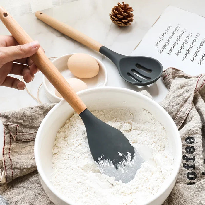 12-Piece Silicone Kitchen Utensil Set with Wooden Handles, Non-Stick