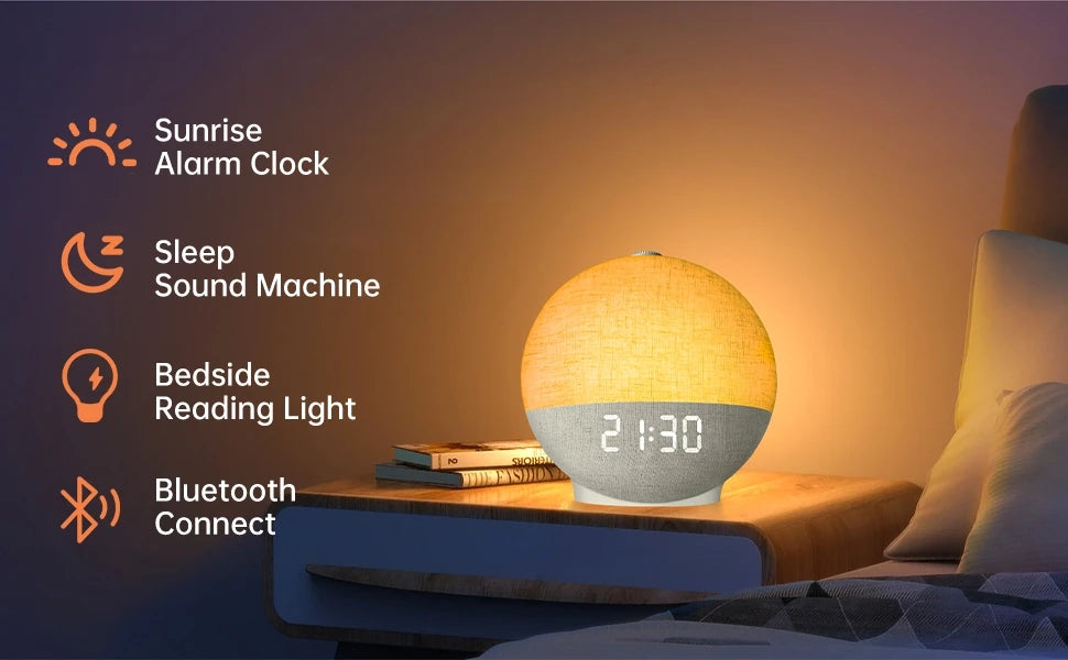 Wake-up Light Sunrise Alarm Clock — White Noise, Bluetooth Speaker & Colour-Changing Night Light (White)