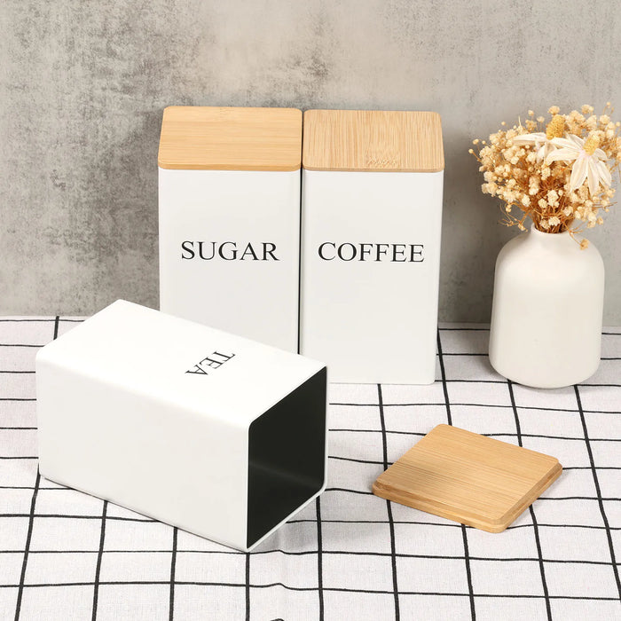 3‑Piece 1 L Coffee, Tea & Sugar Canisters with Airtight Bamboo Lids — Metal Storage Jars