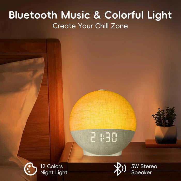 Wake-up Light Sunrise Alarm Clock — White Noise, Bluetooth Speaker & Colour-Changing Night Light (White)