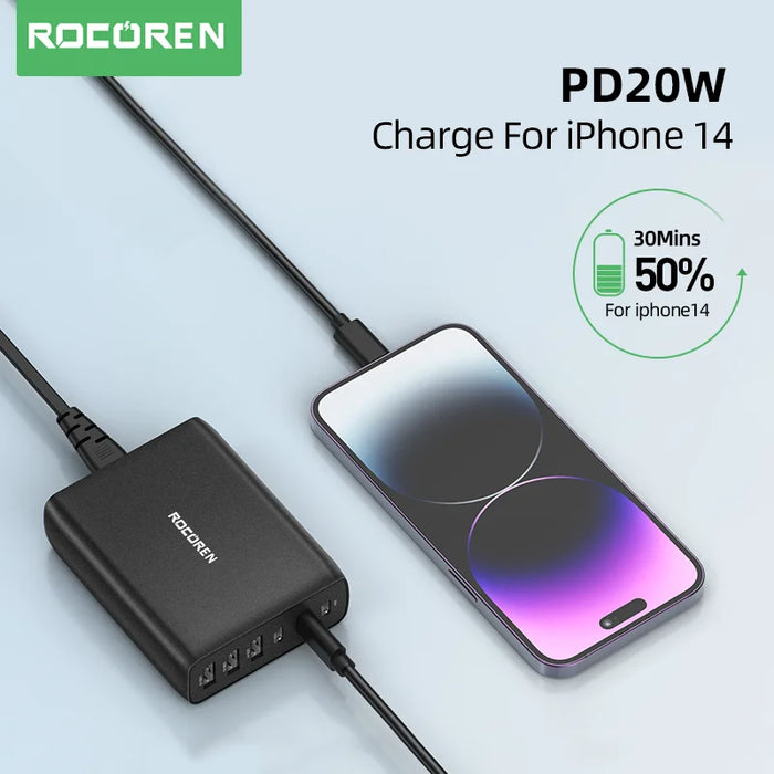 100W GaN USB‑C PD Fast Charger – Quick Charge 4.0/3.0 Desktop Station for iPhone 17 Pro Max