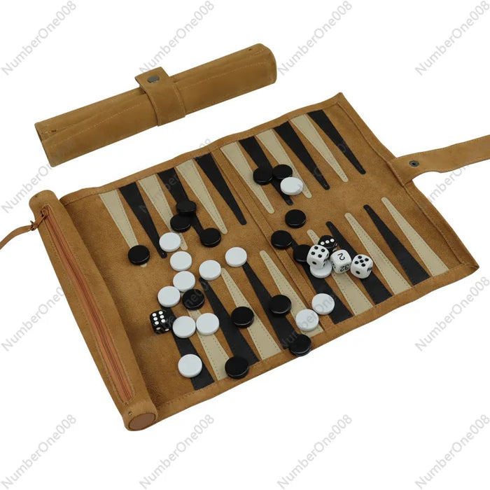 Portable Roll-Up Chess & Backgammon Set with Suede Case and Black & White Pieces