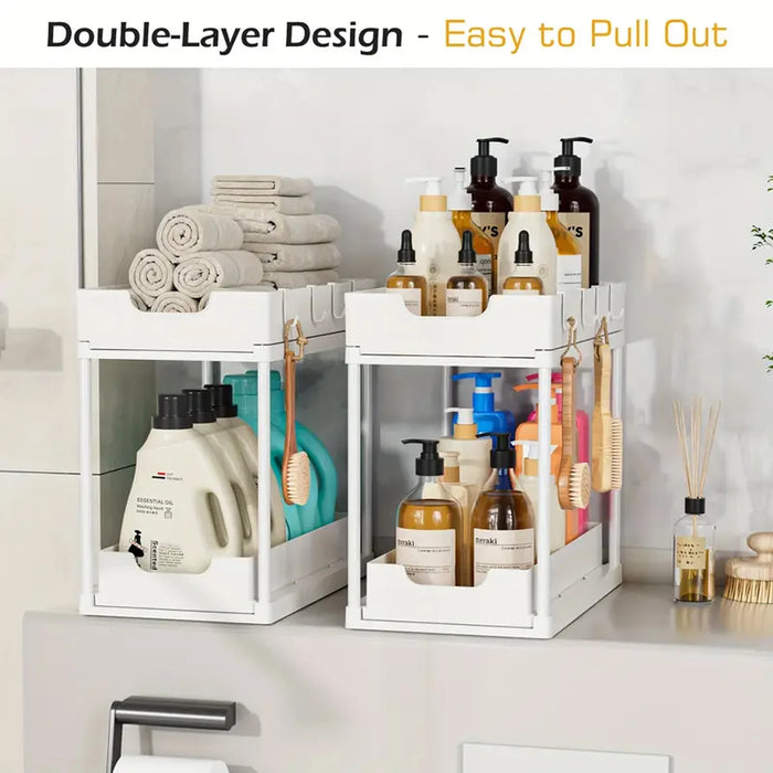 Double-Layer Pull-Out Storage Rack with 5 Hooks — PP Drawer Organiser for Kitchen & Bathroom
