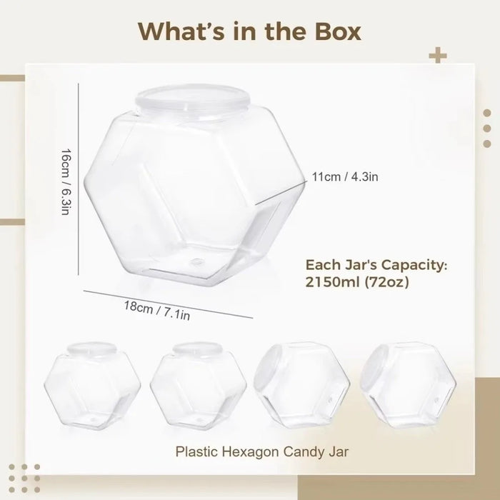 Clear Hexagonal Candy & Cookie Jar with Lid — Reusable Plastic Countertop Organiser