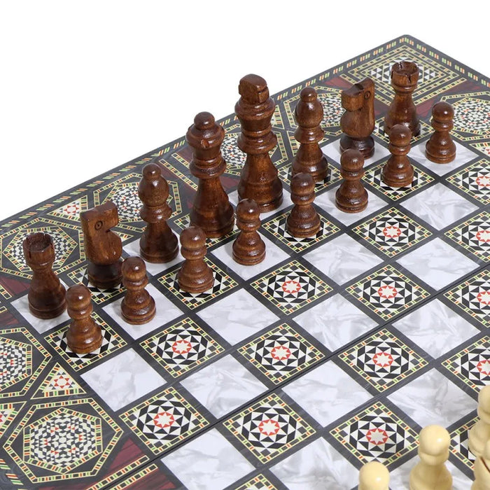 Luxury Knight 3-in-1 Wooden Foldable Game Board — Chess, Checkers & Backgammon