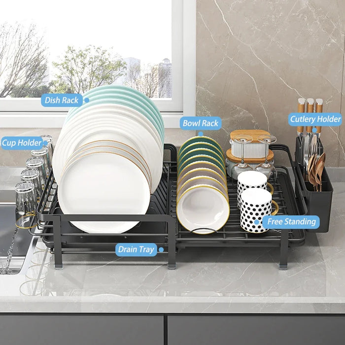 Expandable Dish Drainer with Drainboard — Rustproof Counter Organiser (Black, White, Pink)