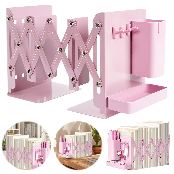 Retractable Metal Desktop Bookstand with Basket, Hooks & Removable Pen Holder