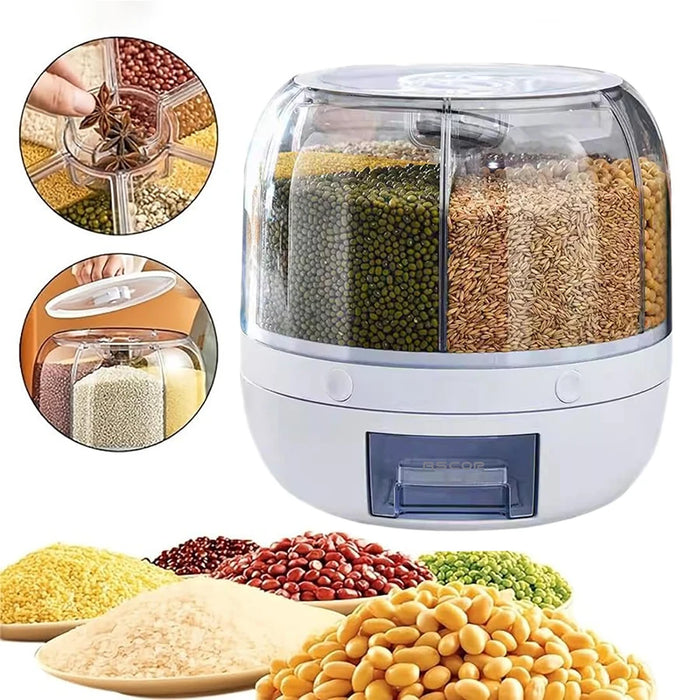 360° Rotating 6-Compartment Airtight Food Dispenser — Storage for Rice, Cereal & Dry Goods