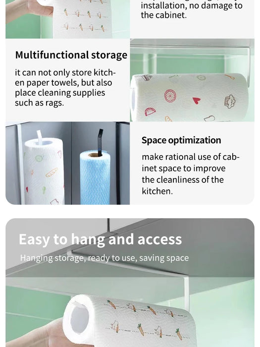 Under-Cabinet Paper Roll Holder – No‑Drill Towel & Cling Film Rack (White/Black)