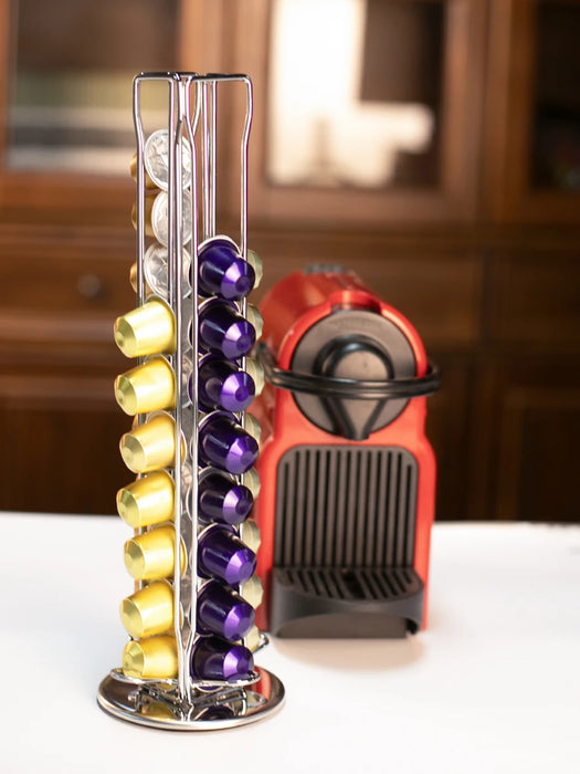 Silver Rotating Coffee Capsule Rack – 360° Base, Holds 40 Pods