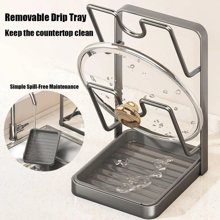 Pot Lid & Cutting Board Rack — Steel Holder with U‑Shaped Slots & Drip Tray