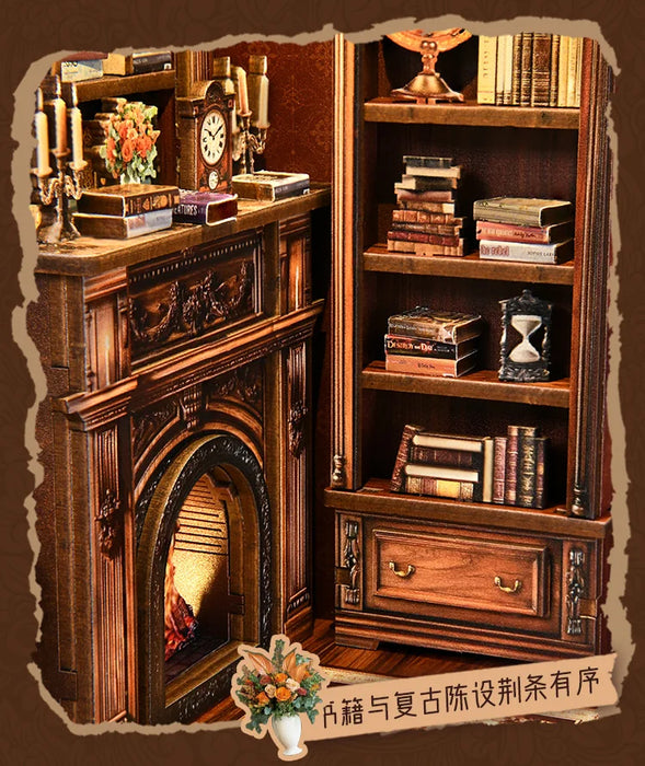 Twilight Library DIY Wooden Bookend Miniature Cottage with Touch LED