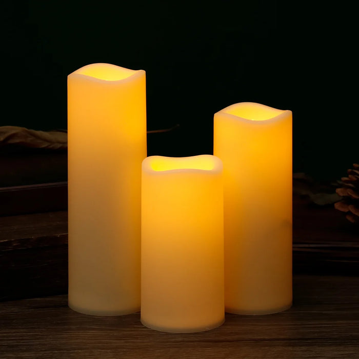 Outdoor Flameless LED Pillar Candles with Remote & Timer — Yellow Flicker, Battery-Operated (3/4pc)
