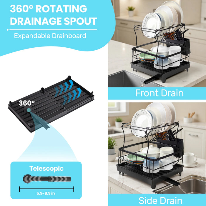 2-Tier Dish Drainer Rack with Utensil Holder – Space-Saving Metal Drying Rack