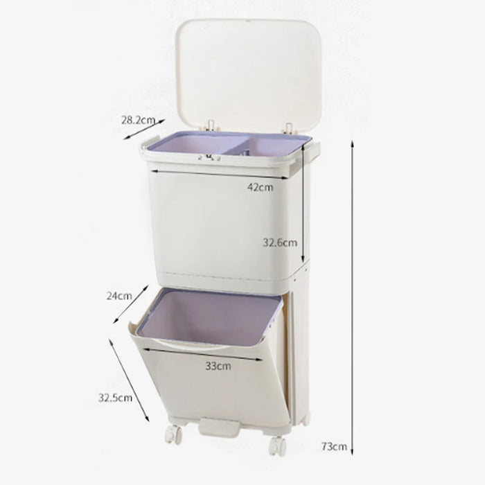 38 L Two-Tier Waste Bin with 4 Casters, White — 42 x 28.2 x 73 cm