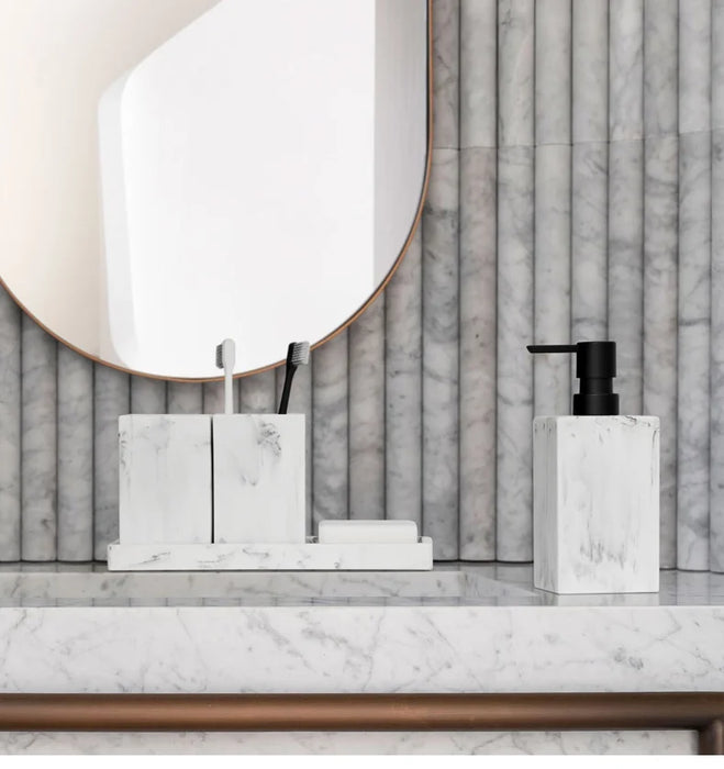 4-Piece Marble-Pattern Resin Bathroom Set — Lotion/Soap Dispenser, Toothbrush Holder, Tumbler & Tray (Black or White)