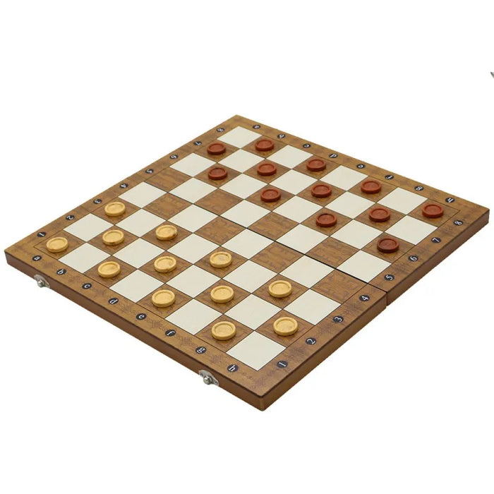 3‑in‑1 Foldable Wooden Travel Board — Chess, Checkers & Backgammon