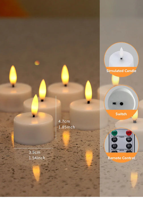 Rechargeable LED Tea Lights – Pack of 12, Black Wick, Remote-Controlled Flame-Effect