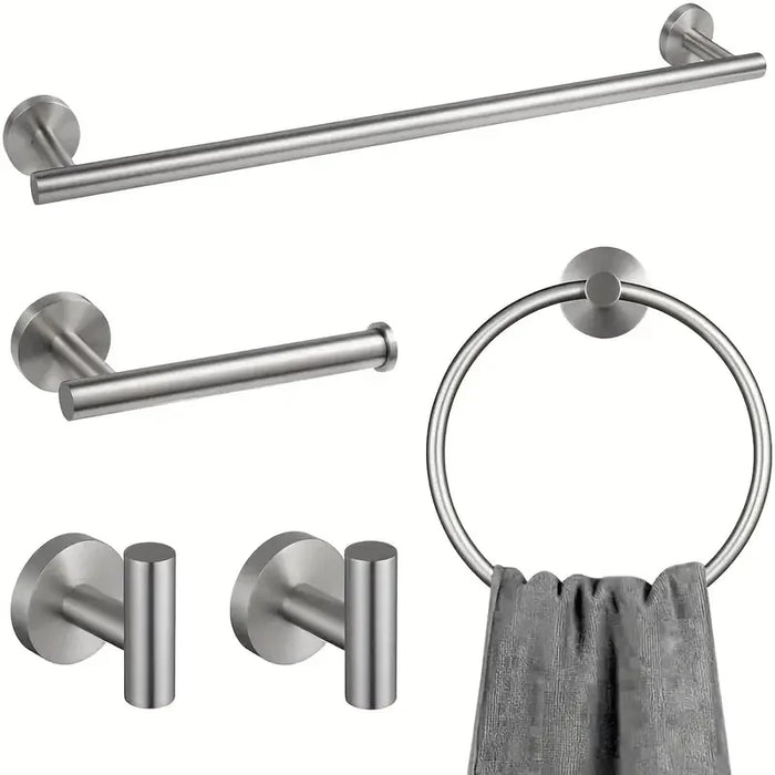 4-piece Stainless Steel Bathroom Set — Toilet Roll Holder, Towel Ring & 2 Hooks