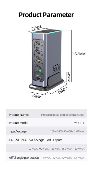 660W GaN 8-Port Desktop Charger — 100W USB‑C PD & Quick Charge 3.0