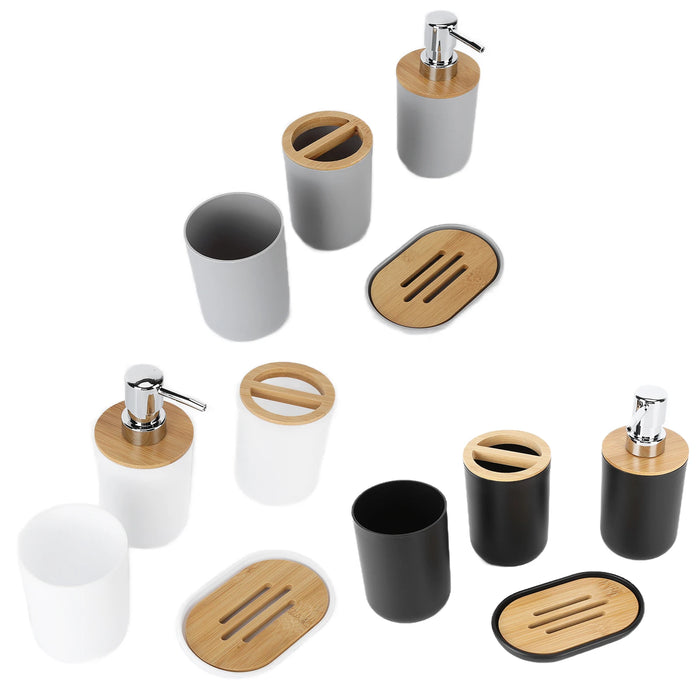 4-piece Bamboo-Accent Bathroom Set — Dispenser, Toothbrush Holder, Tumbler & Soap Dish