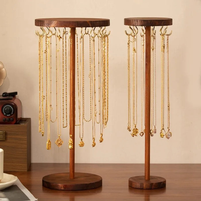 Wooden Jewellery Organiser Tower — 12 or 18 Golden Hooks, Round Base