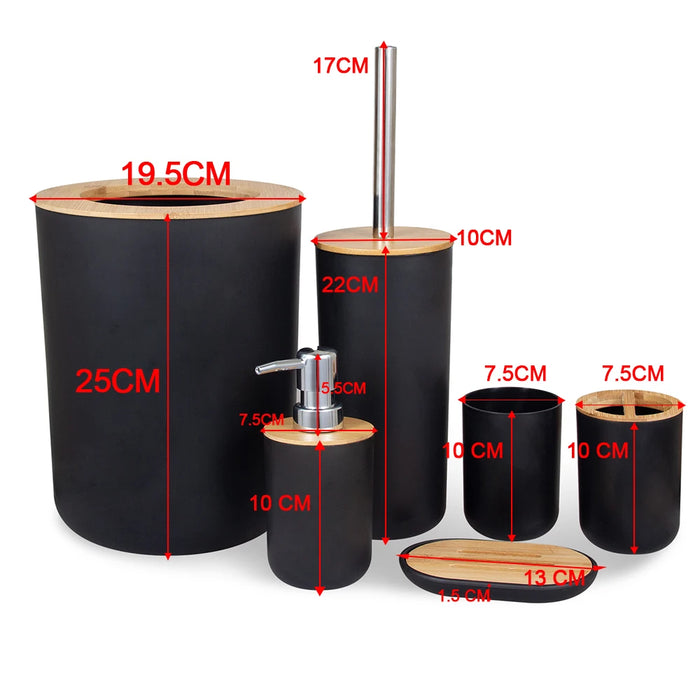 6-Piece Bamboo & Plastic Bathroom Set — Bin, Toilet Brush, Lotion Pump, Soap Box, Toothbrush Cup & Mouth Cup